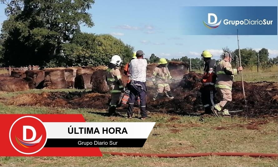 Bomberos de Río Bueno trabajan en incendio de bolos de pasto